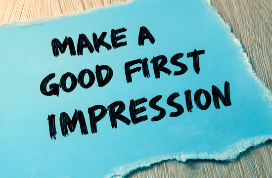 Include a welcoming message written in black ink on torn blue paper. The message emphasizes the importance of creating a strong first impression for building a reputable relationship