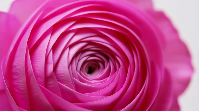 Pink rose interior with layered petals forming spiral tunnel and subtle inward focus movement, revealing rich texture, soft gradients, delicate curves, and romantic floral detail