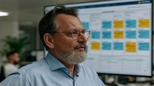 Middle aged man portrait office planning manager at screen with schedule board