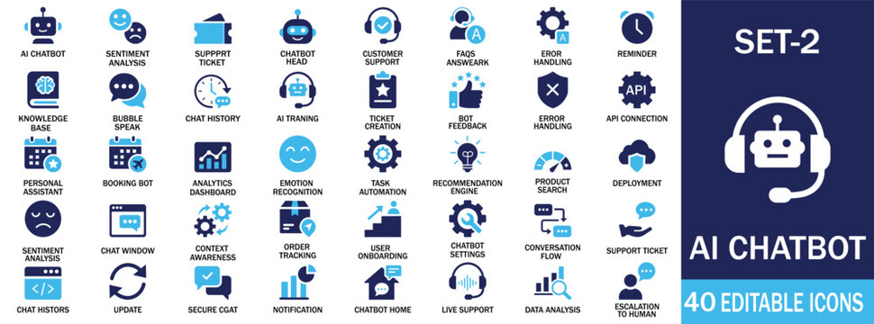 AI chatbot and customer support line icon set flat vector illustration artificial intelligence concept