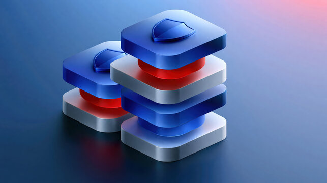 Protected digital stack minimal security concept blue shield icon red glow layer 3d render abstract block cyber protection data safety enterprise