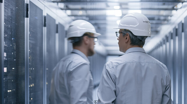 Server room engineers discuss energy efficiency in modern data center
