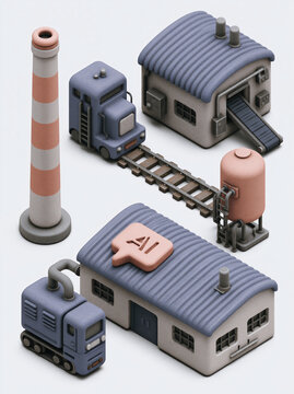 Smart factory model with autonomous truck, rail line, silo, and warehouse, industrial automation scene