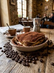 Fototapeta premium Delicious Tiramisu Dessert with Coffee Beans and Espresso Cups on Wooden Table.