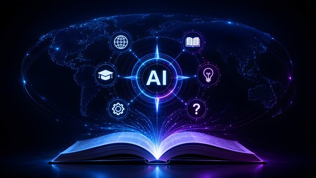 Open book radiating AI knowledge and global connectivity, illuminating digital networks, symbolizing the future of learning, innovation, and technological advancement in our world.