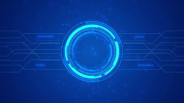 Futuristic blue tech HUD ring cyan glow, central circular interface, digital routes, floating particles. software promos, sci tech explainers, cyber screens, AI dashboards, title backgrounds, motion