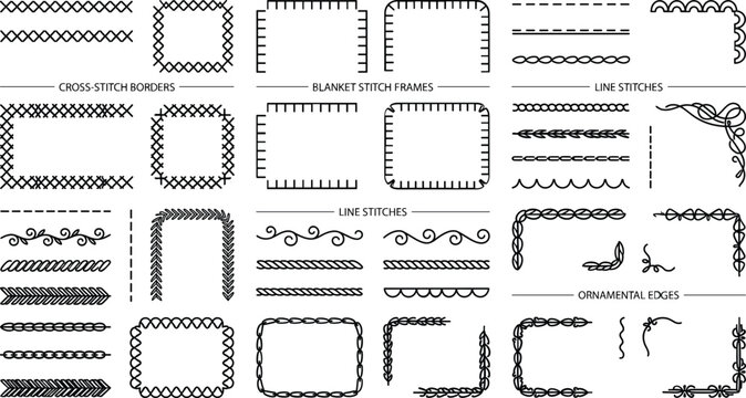 Set of cross-stitch borders, blanket stitch frames, line stitches, and ornamental edges for vector design