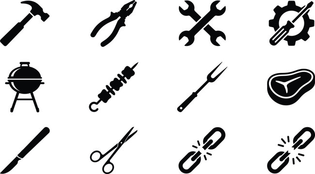 Set of black and white vector icons, tools, barbecue items, and broken chain symbols for designSet of black and white vector icons, tools, barbecue items, and broken chain symbols for design