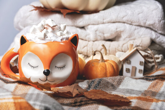 autumn background. Cute orange fox mug filled with hot chocolate topped with whipped cream, marshmallows and cinnamon, styled with white pumpkins, knitted blankets, autumn leaves and rustic fall