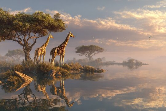 giraffes wandering near a peaceful lake