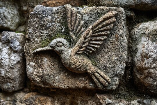 hummingbird carved into ancient stone wall