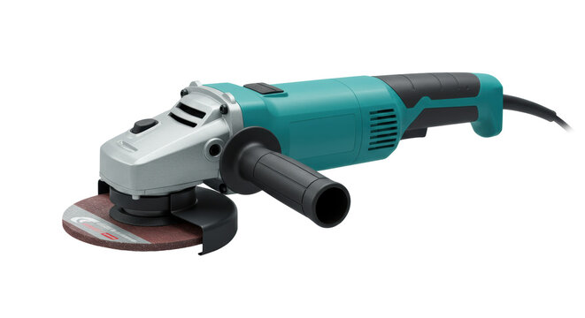 A professional teal-green electric angle grinder with a metal cutting disc, isolated on a white background with copy space. Concept for industrial tool advertising