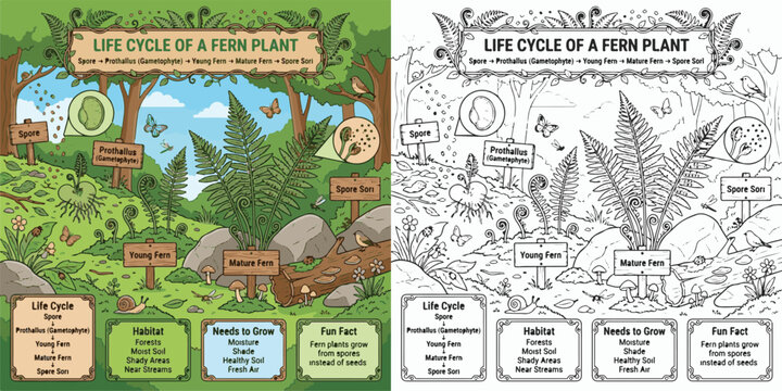 fern plant life cycle cartoon clipart and lineart print vector illustration for school student educational study learning classroom outdoor STEM color coloring book