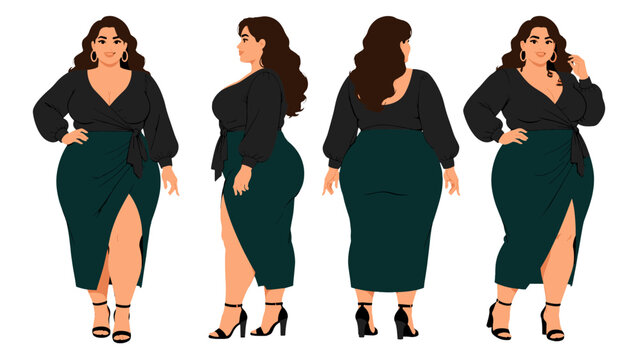 Curvy woman character turnaround in black top and green skirt