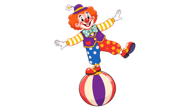 Colorful cartoon clown balancing on a circus ball