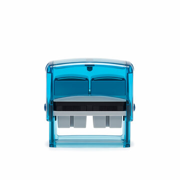 Transparent blue plastic self inking rubber stamper for professional office document validation and official paper certification tasks used by administrators to mark urgent files with colored