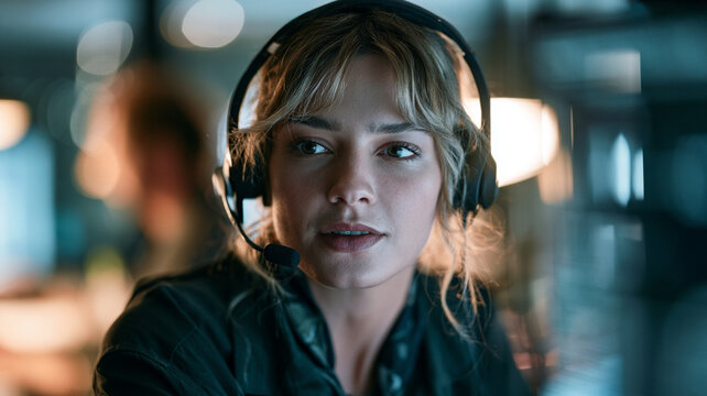 Workforce automation impact headset operator support center young woman focused portrait with microphone in modern office showing technology and service role