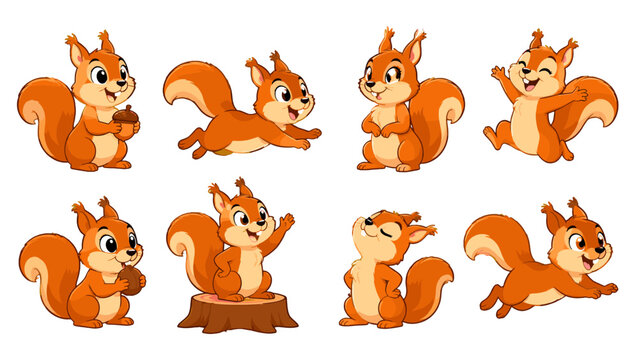 Cute cartoon squirrel character set in playful poses