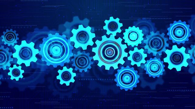 Mechanical gear system tech visual bright blue cog wheels, circular elements, digital circuit background. automation clips, engineering reports, machine learning visuals, factory promos, motion