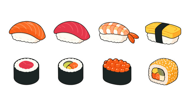 Assorted sushi and maki set in colorful cartoon vector style