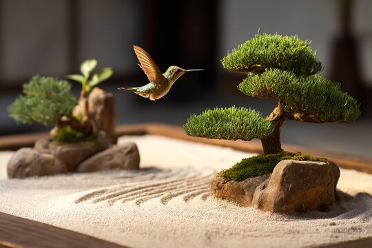 hummingbird in Zen garden with bonsai trees