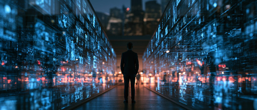 Workforce automation impact digital city silhouette data corridor showing future technology influence on job market and urban network with business person at night