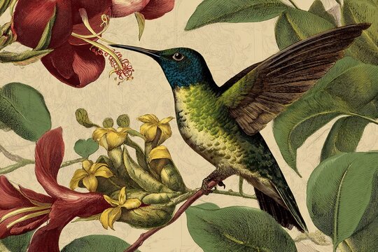 hummingbird on antique botanical illustration