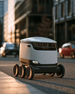 Autonomous delivery robot, urban street, workforce automation impact, small wheeled vehicle near curb during warm evening light with modern building and car background