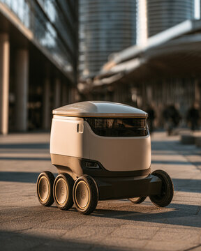 Autonomous delivery robot, urban sidewalk, workforce automation impact reshaping city logistics with compact electric vehicle near modern building in warm light