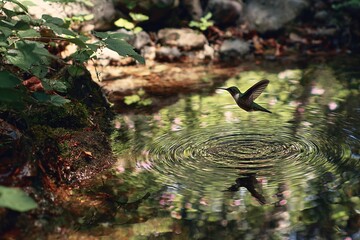 Obraz premium hummingbird reflected in rippling forest stream