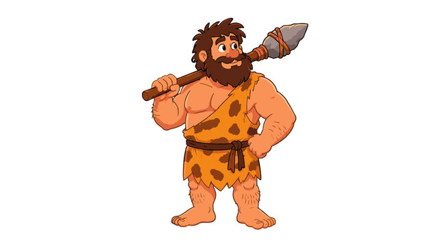 Cartoon caveman holding a stone spear on white background