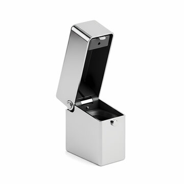 Open metal container with reflective surface finish and sturdy hinge mechanism for storing small valuables or personal accessories in a compact upright display piece suitable for gift