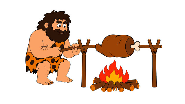 Cartoon caveman roasting large meat over campfire spit