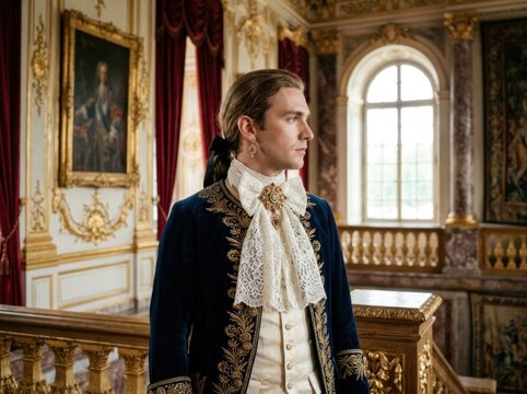 Elegant Man in 18th Century Aristocratic Attire in Opulent Palace Interior.