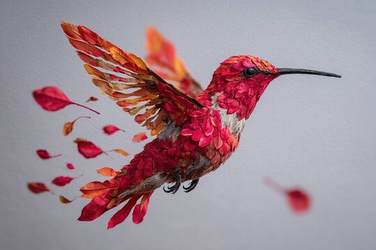 hummingbird shaped from tiny falling leaves