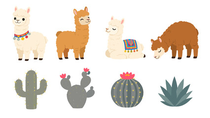 Fototapeta premium Cute alpaca and cactus cartoon set on white background