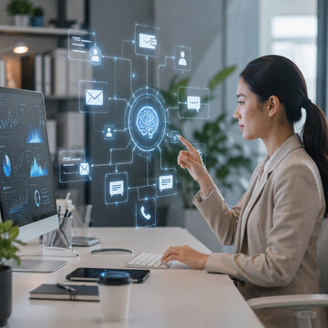 Workforce automation impact business woman using digital interface with artificial intelligence in modern office showing communication data network and focused expression