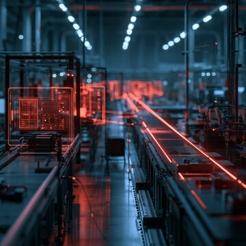 Workforce automation impact factory conveyor neon control panel highlights robotic industry production line with red light and futuristic industrial process