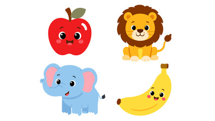 Fototapeta premium Cute cartoon apple lion elephant and banana set
