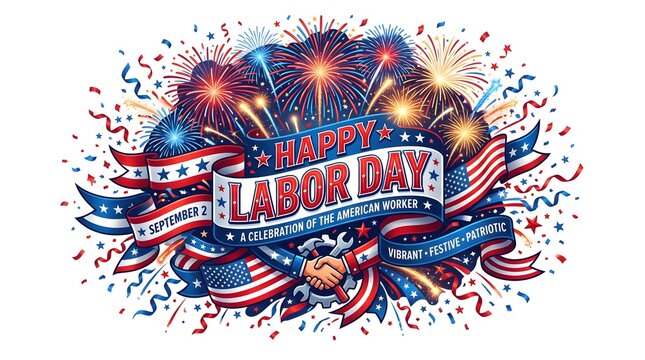 Happy Labor Day celebration banner. American holiday design with fireworks and flags.