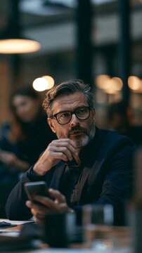 Businessman smartphone office meeting workforce automation impact professional mature technology Mature businessman using smartphone modern office meeting, workforce automation impact reflected