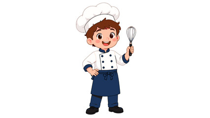 Cute cartoon boy chef holding a whisk on white background