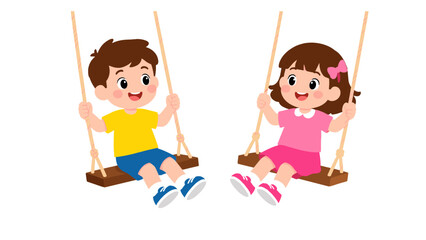 Cute boy and girl children sitting on playground swings