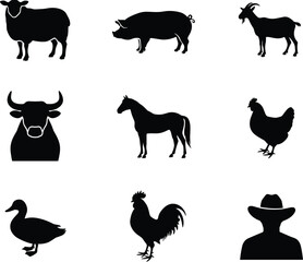 Fototapeta premium Farm Animal Silhouettes Collection With Cowboy Hat Figure sheep goat