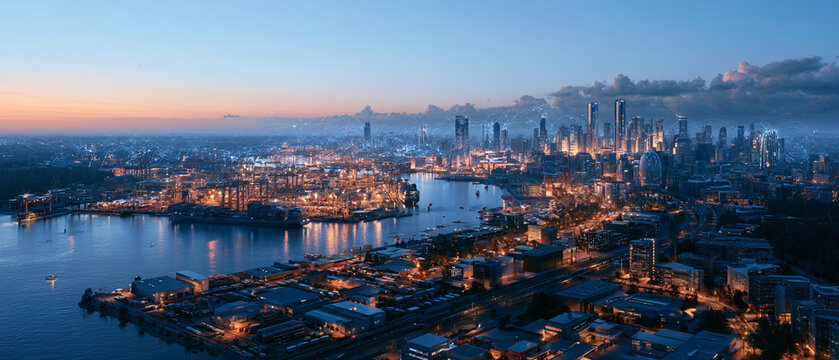 City skyline river harbor industry smoke dusk urban infrastructure automation city skyline river harbor industry dusk with smoke and light showing workforce automation impact across modern