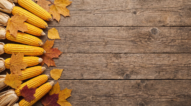 Thanksgiving Autumn Harvest Day sweet corn ears and colorful fall leaves arranged as a left border on rustic wood table background with copy space for seasonal harvest banner