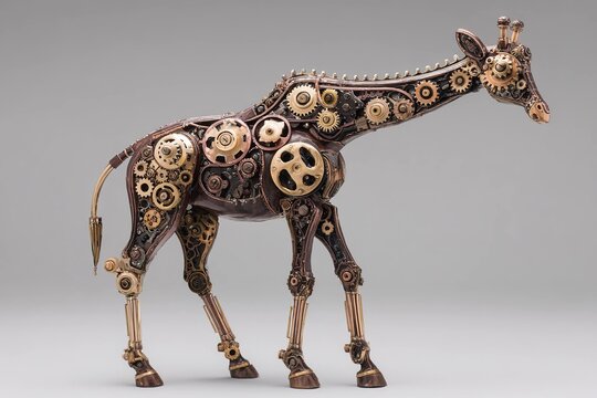 steampunk giraffe with gears and brass details