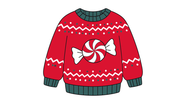 Red patterned sweater with peppermint candy illustration