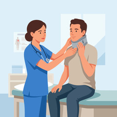 Fototapeta premium Nurse fitting cervical collar on patient in clinic, flat vector illustration