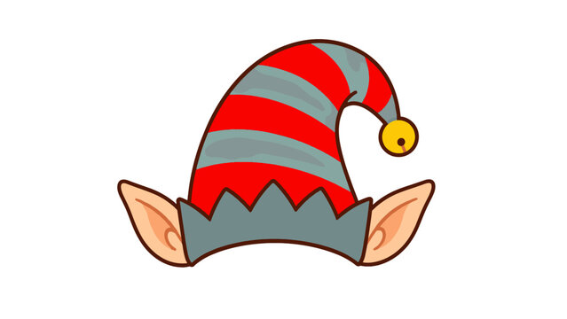 Cartoon elf hat with pointed ears and bell isolated
